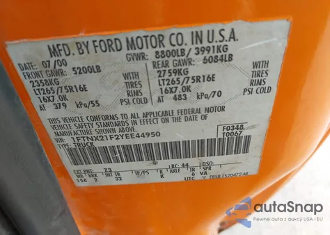 2000 Ford F-250 Lariat/Xl/Xlt z USA, uszkodzony, nr VIN 1FTNX21F2YEE44950